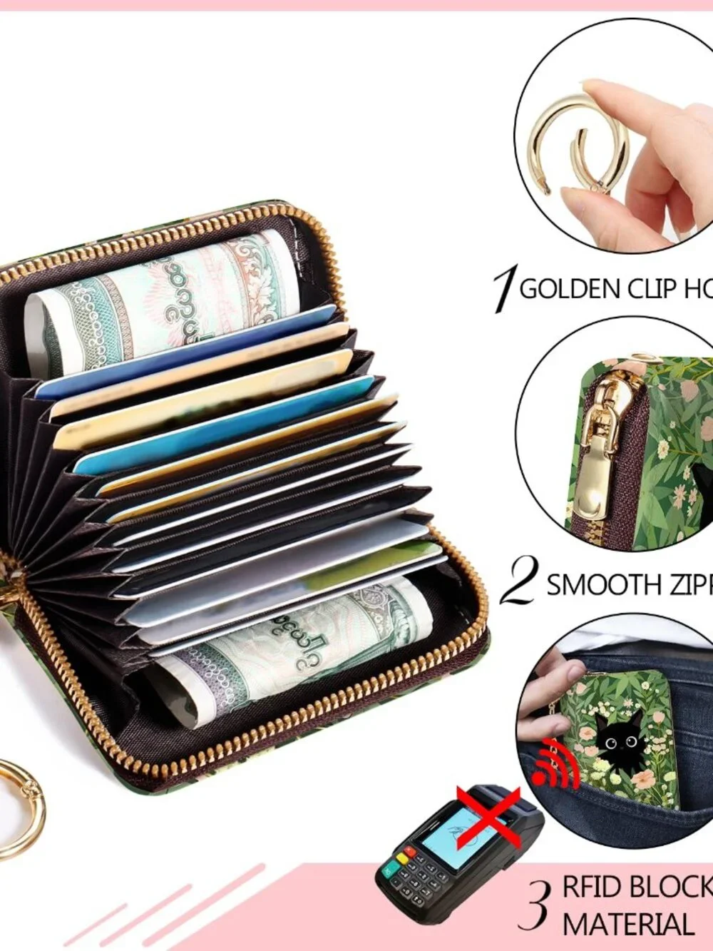 Blusabaca Women's Black Cat Floral RFID Wallet, Waterproof, Leather, 12 Card Slo